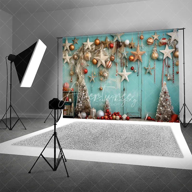 Aperturee - Aperturee Boho Christmas Backdrop Teal Wall Hanging Star Ornament Photography Background Rustic White Tree Winter Holiday Party