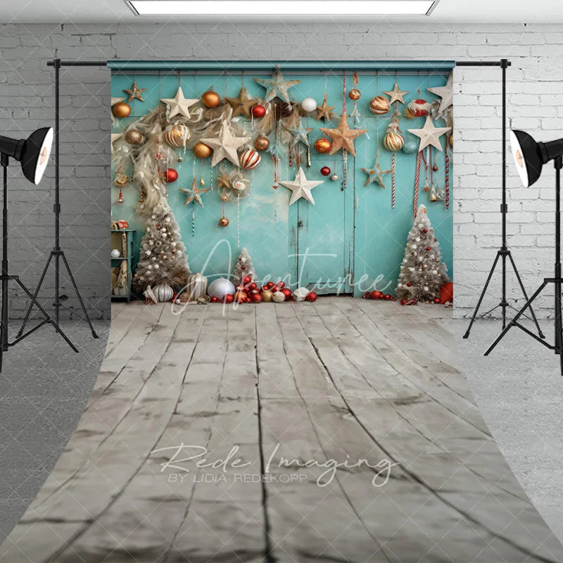 Aperturee - Aperturee Boho Christmas Sweep Backdrop Teal Wall Hanging Star Ornament Background Rustic White Tree Winter Holiday Party