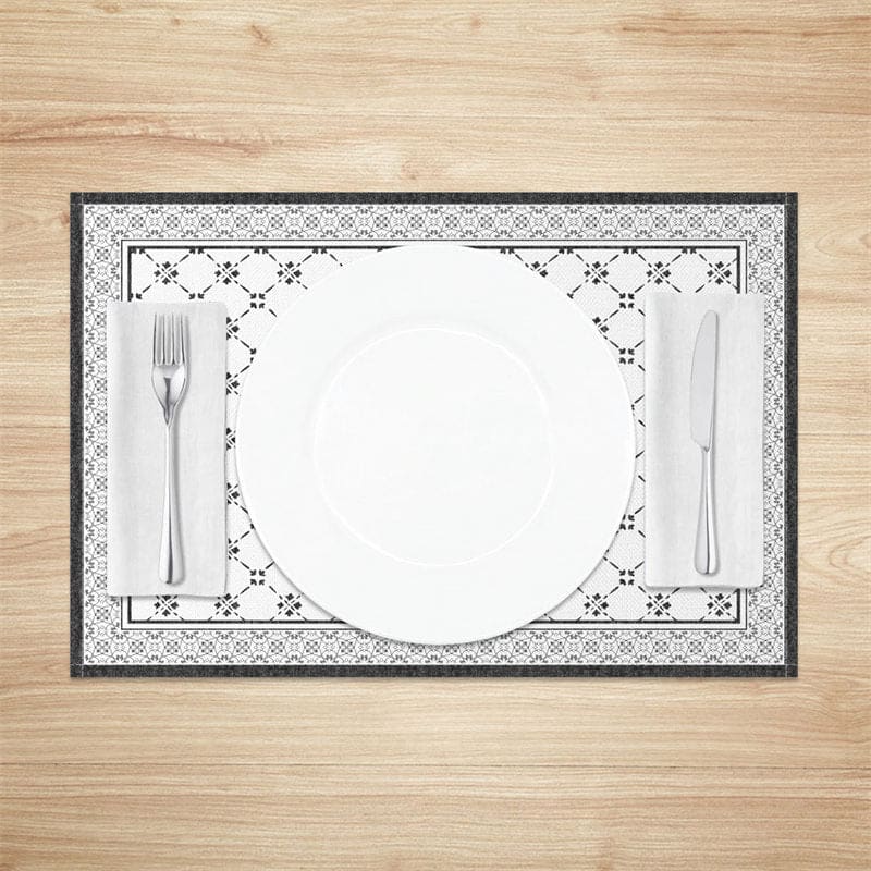 Aperturee - Aperturee Boho Dark Grey White Rhombus Print Set Of 4 Placemats