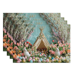 Aperturee - Aperturee Boho Easter Bunny Set of 4 Placemats White Rabbits with Teepee Spring Floral Holiday Table Mats