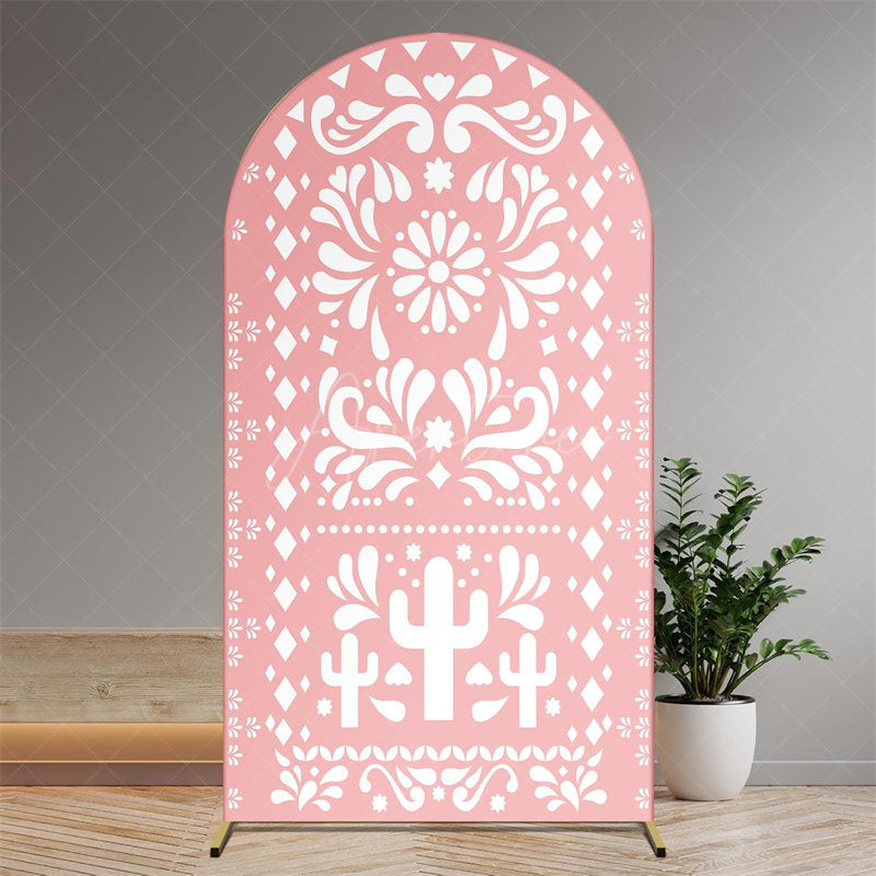 Aperturee - Aperturee Boho Fiesta Arch Backdrop with Cactus and Otomi Inspired Pattern Terracotta Color Mexican Folk Art Party Decor