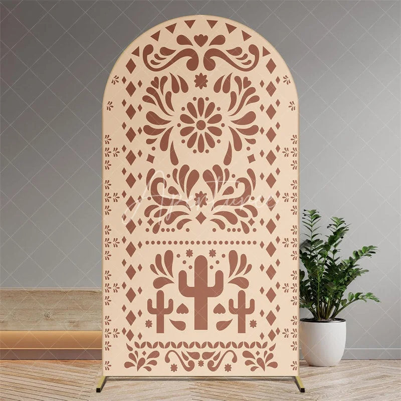 Aperturee - Aperturee Boho Fiesta Arch Backdrop with Cactus and Otomi Inspired Pattern Terracotta Color Mexican Folk Art Party Decor