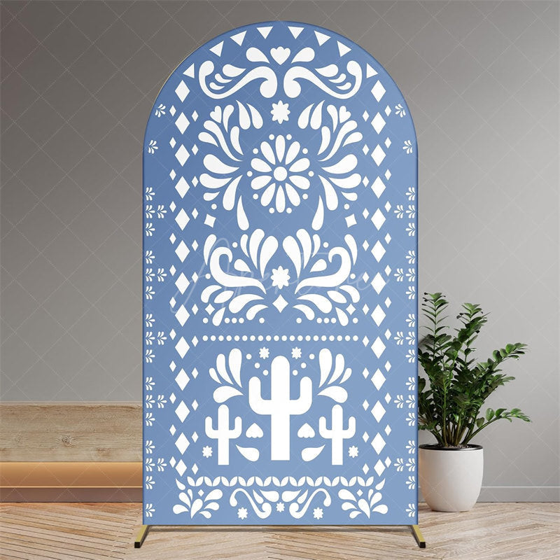 Aperturee - Aperturee Boho Fiesta Arch Backdrop with Cactus and Otomi Inspired Pattern Terracotta Color Mexican Folk Art Party Decor