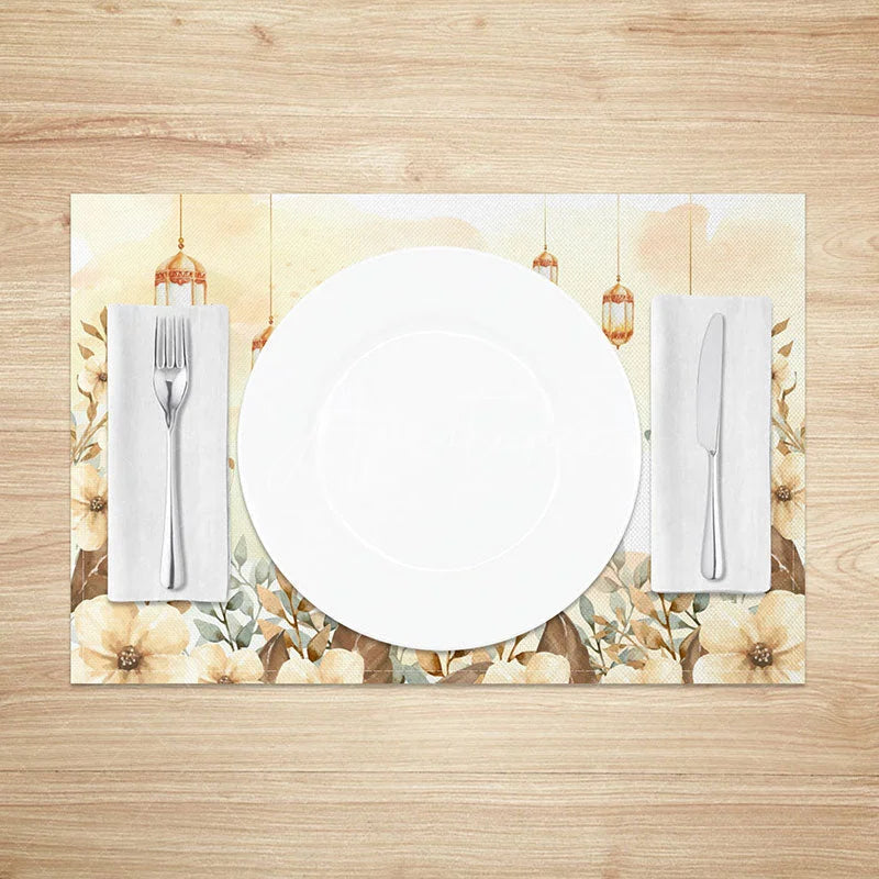 Aperturee - Aperturee Boho Floral Moon and Butterfly Set of 4 Placemats Ramadan Eid Mubarak Greenery Dining Mats for Spring Decor