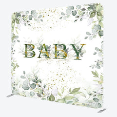 Aperturee - Aperturee Boho Green Leaf Baby Shower Square Tension Backdrop