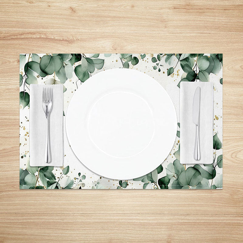 Aperturee - Aperturee Boho Green Leaf Placemats Set of 4 with Gold Glitter Accents for Elegant and Modern Dining Table Decor