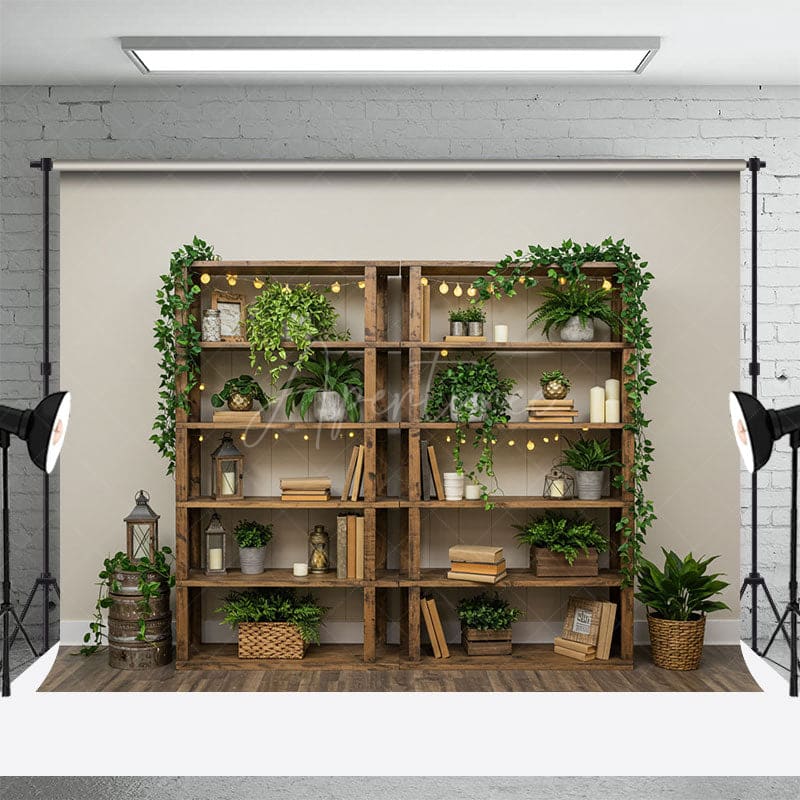 Aperturee - Aperturee Boho Green Plants Shelves Indoor Spring Backdrop