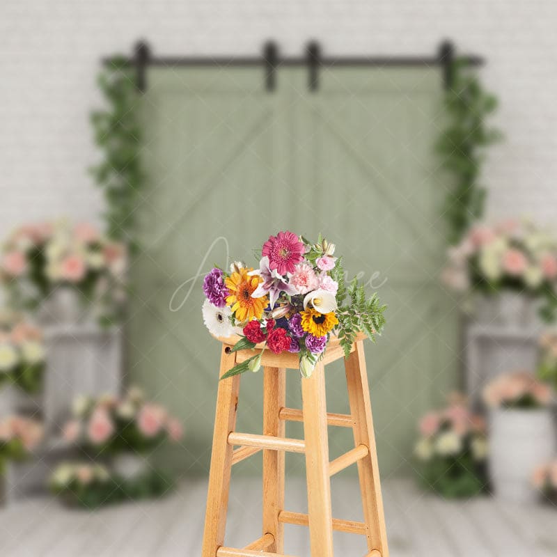 Aperturee - Aperturee Boho Green Wood Door Bricks Floral Wedding Backdrop