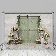 Aperturee - Aperturee Boho Green Wood Door Bricks Floral Wedding Backdrop