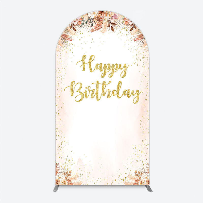 Aperturee - Aperturee Boho Happy Birthday Arch Backdrop Pampas Grass and Dried Flowers with Gold Glitter Rustic Floral Photo Prop