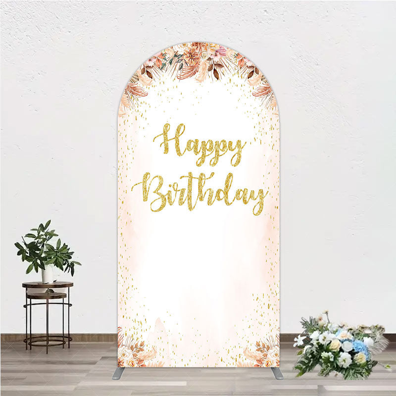 Aperturee - Aperturee Boho Happy Birthday Arch Backdrop Pampas Grass and Dried Flowers with Gold Glitter Rustic Floral Photo Prop