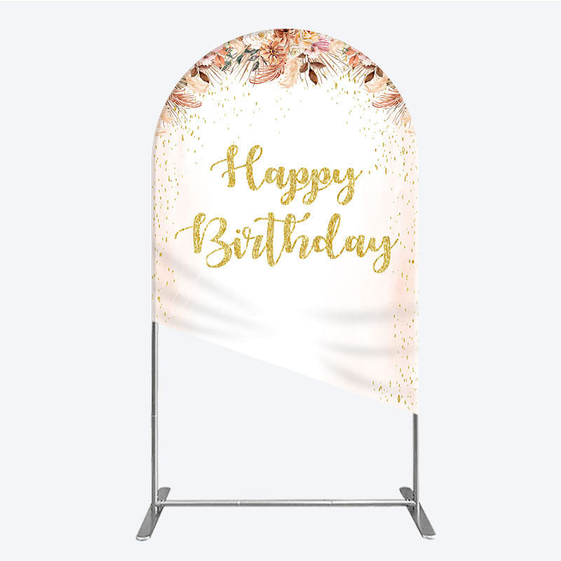 Aperturee - Aperturee Boho Happy Birthday Arch Backdrop Pampas Grass and Dried Flowers with Gold Glitter Rustic Floral Photo Prop