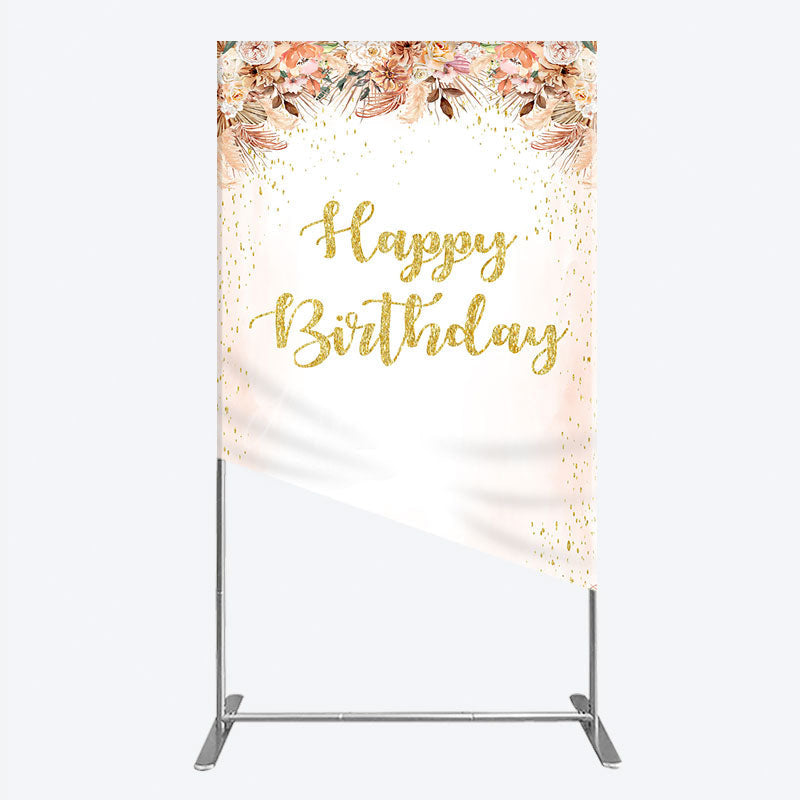 Aperturee - Aperturee Boho Happy Birthday Rectangle Backdrop Pampas Grass and Dried Flowers with Gold Glitter Rustic Floral Photo Prop