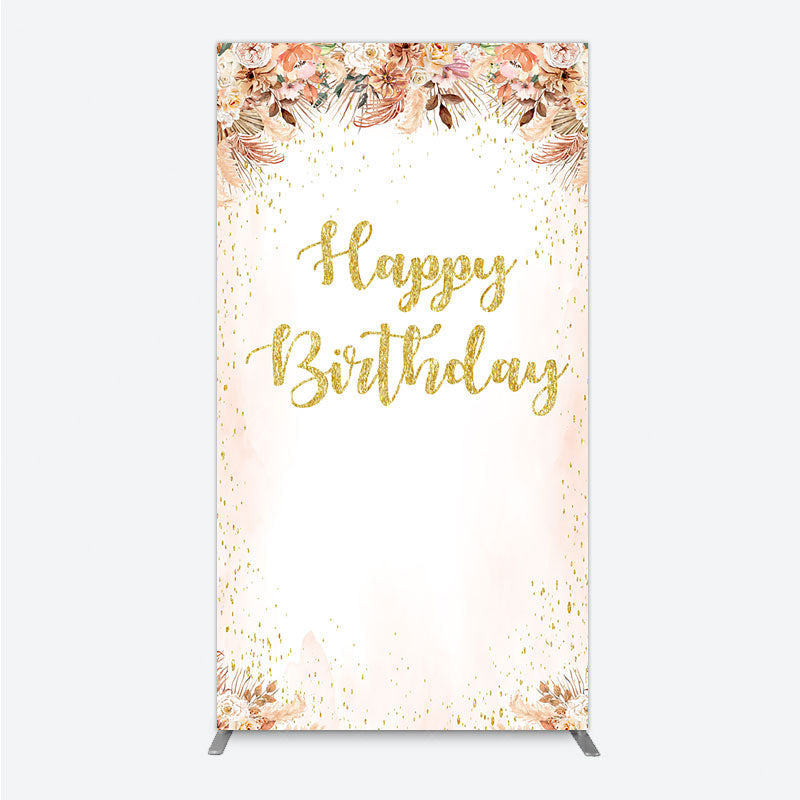 Aperturee - Aperturee Boho Happy Birthday Rectangle Backdrop Pampas Grass and Dried Flowers with Gold Glitter Rustic Floral Photo Prop