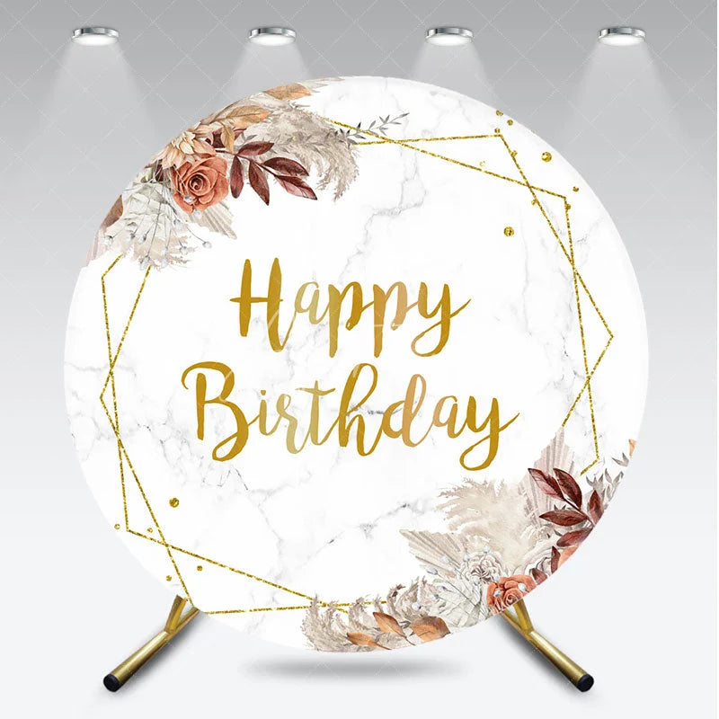 Aperturee - Aperturee Boho Happy Birthday Round Backdrop with Pampas Grass Dried Palm and Floral on Marble Rose Gold Party Decor