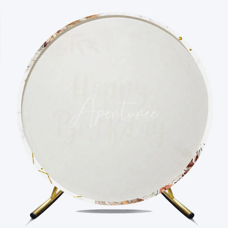 Aperturee - Aperturee Boho Happy Birthday Round Backdrop with Pampas Grass Dried Palm and Floral on Marble Rose Gold Party Decor