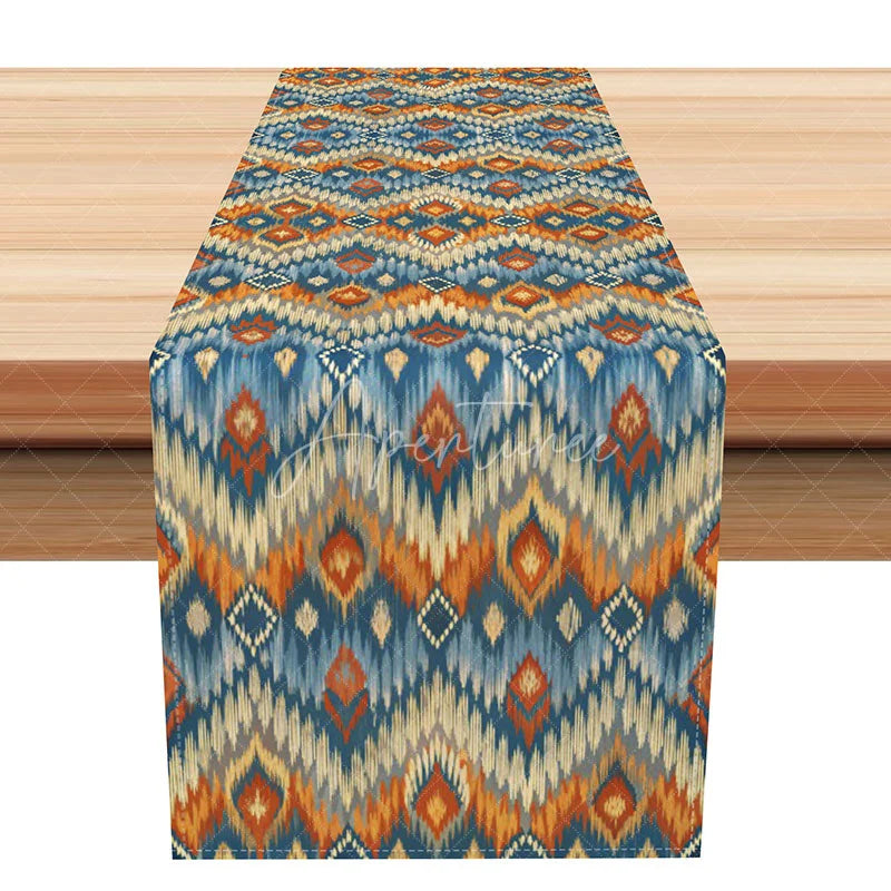 Aperturee - Aperturee Boho Ikat Geometric Table Runner Blue and Orange Tribal Pattern Rustic Farmhouse Dining Table Decor