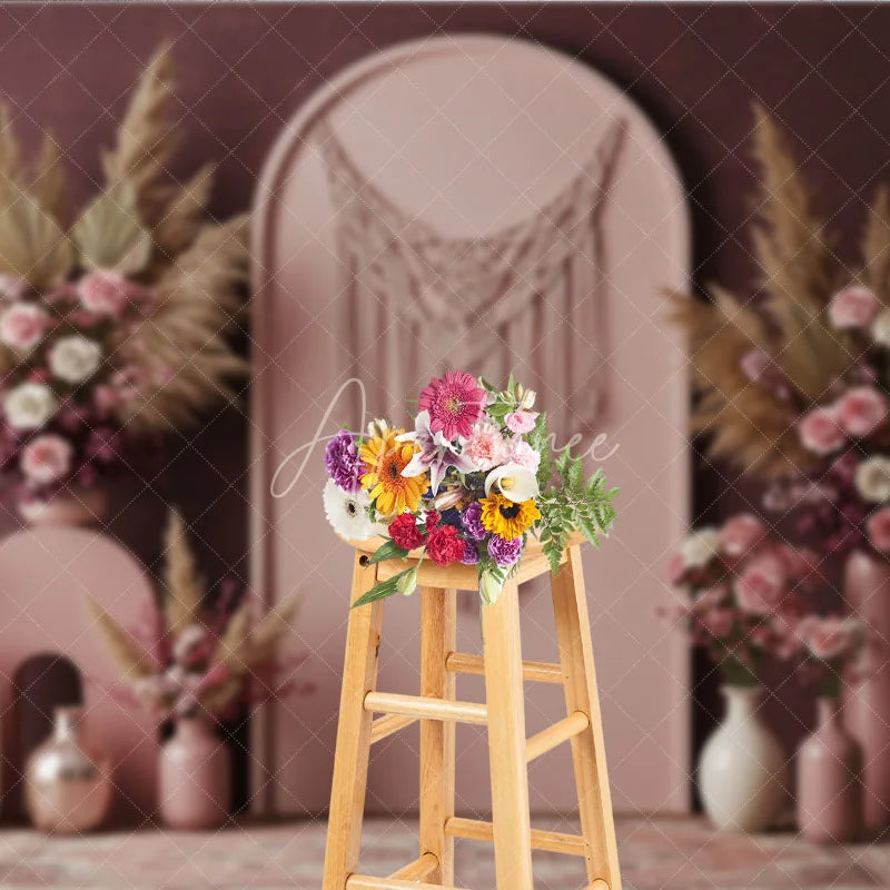 Aperturee - Aperturee Boho Macrame Arch with Pampas Grass and Rose Floral Photography Backdrop Dusty Rose Wedding and Baby Shower Decor