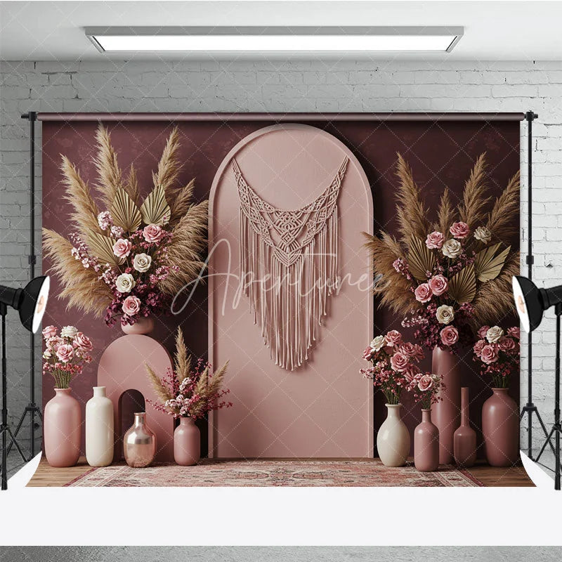 Aperturee - Aperturee Boho Macrame Arch with Pampas Grass and Rose Floral Photography Backdrop Dusty Rose Wedding and Baby Shower Decor