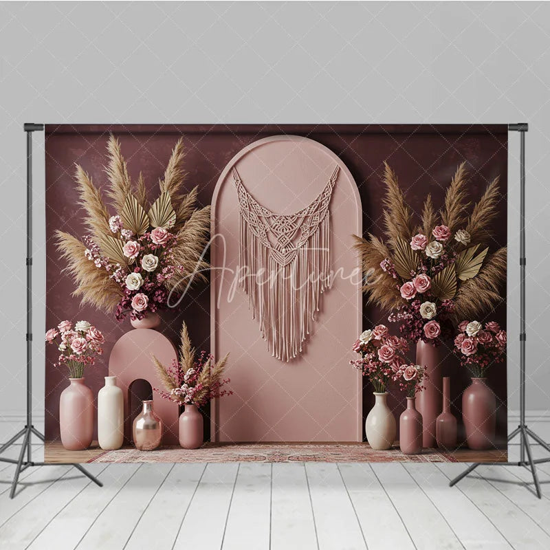 Aperturee - Aperturee Boho Macrame Arch with Pampas Grass and Rose Floral Photography Backdrop Dusty Rose Wedding and Baby Shower Decor