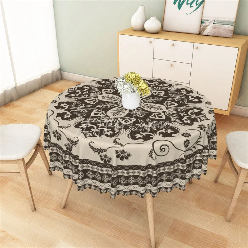 Aperturee - Aperturee Boho Mandala Floral Round Tablecloth Vintage Brown Ethnic Pattern Table Cover for Dining Room