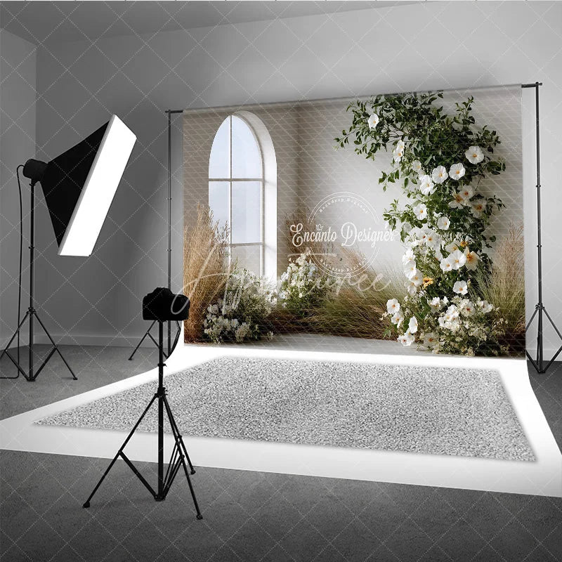 Aperturee - Aperturee Boho Minimalist Wedding Backdrop Arch Window with White Flowers Pampas Grass Greenery Photography Background