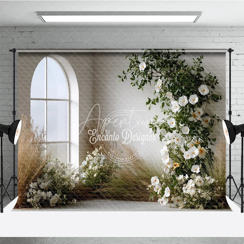 Aperturee - Aperturee Boho Minimalist Wedding Backdrop Arch Window with White Flowers Pampas Grass Greenery Photography Background