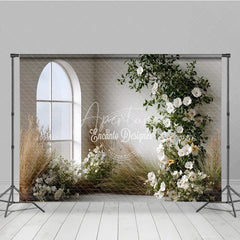 Aperturee - Aperturee Boho Minimalist Wedding Backdrop Arch Window with White Flowers Pampas Grass Greenery Photography Background