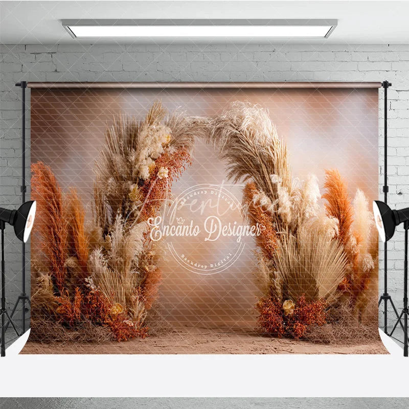 Aperturee - Aperturee Boho Pampas Grass Arch Backdrop Dried Palm Leaves Decor Rustic Terracotta Wedding Photo Booth Prop