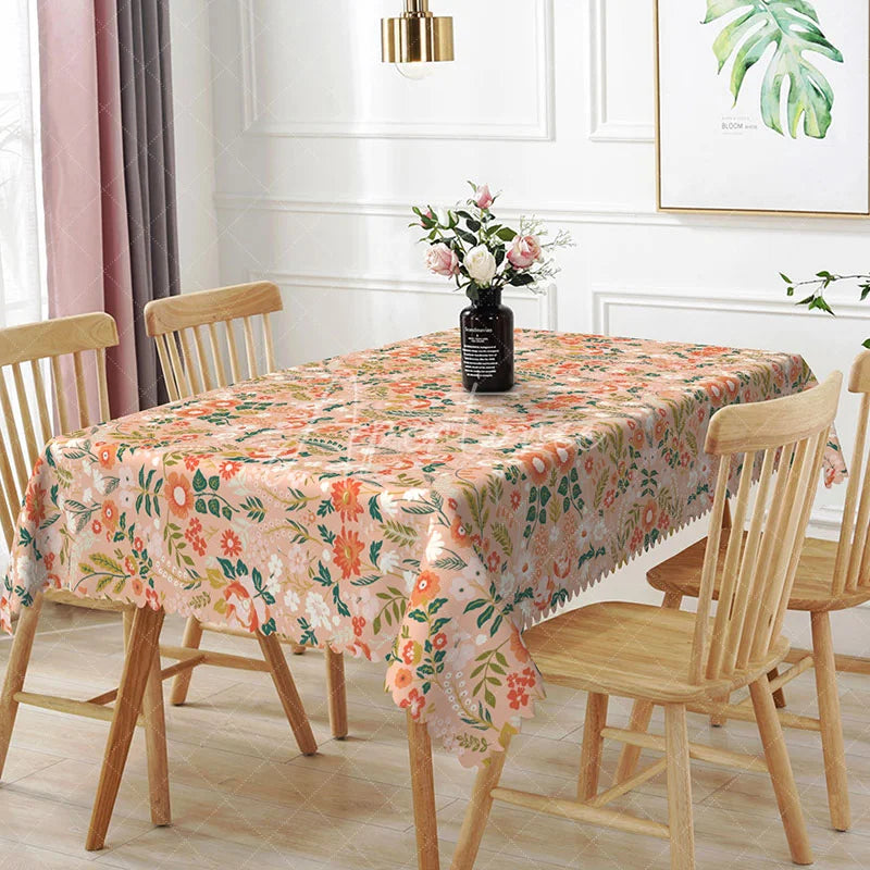 Aperturee - Aperturee Boho Pink Floral Rectangle Tablecloth Spring Wildflower Leaf Pattern for Girl Birthday Baby Shower Party Decor