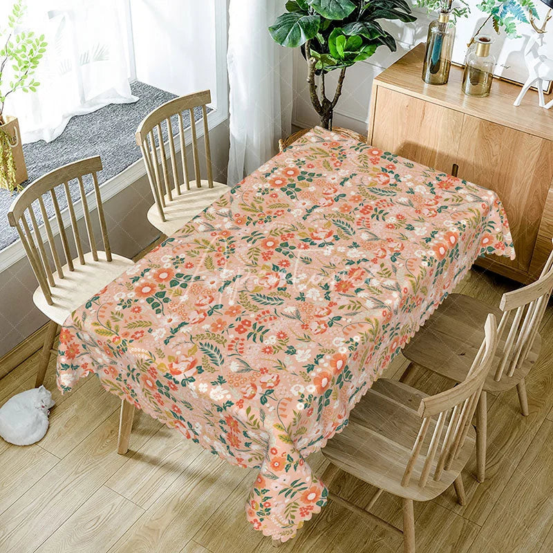 Aperturee - Aperturee Boho Pink Floral Rectangle Tablecloth Spring Wildflower Leaf Pattern for Girl Birthday Baby Shower Party Decor