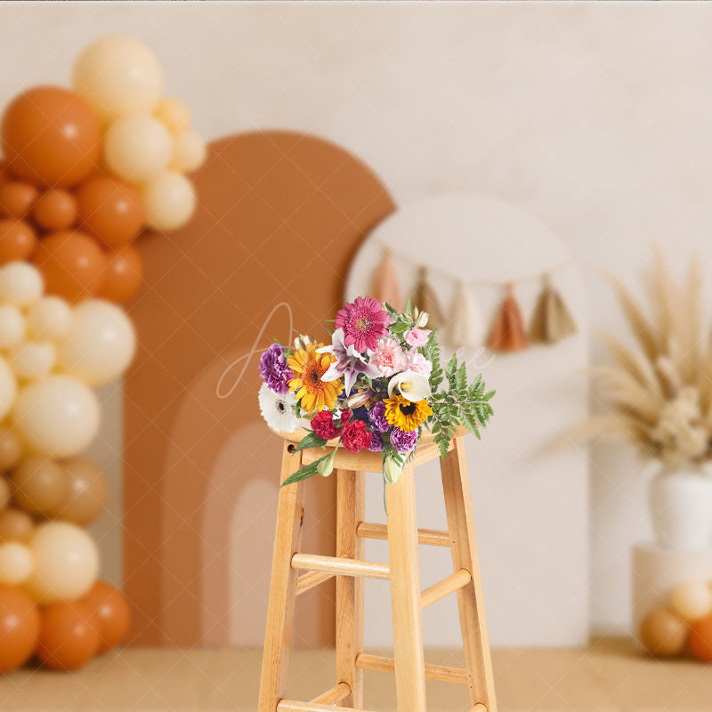 Aperturee Aperturee Boho Rainbow Arch Panels Photography Backdrop Neutral Balloon Garland and Pampas Grass First Birthday Photo Prop