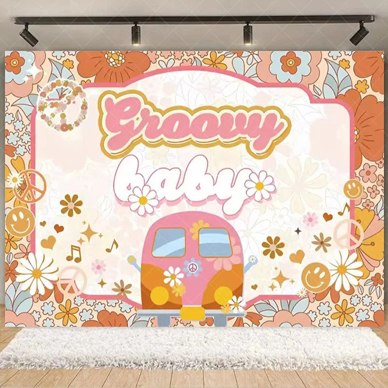 Aperturee - Aperturee Boho Rainbow Groovy One Birthday Backdrop Daisy Floral and Bus Perfect Party Scene Decor for Girls