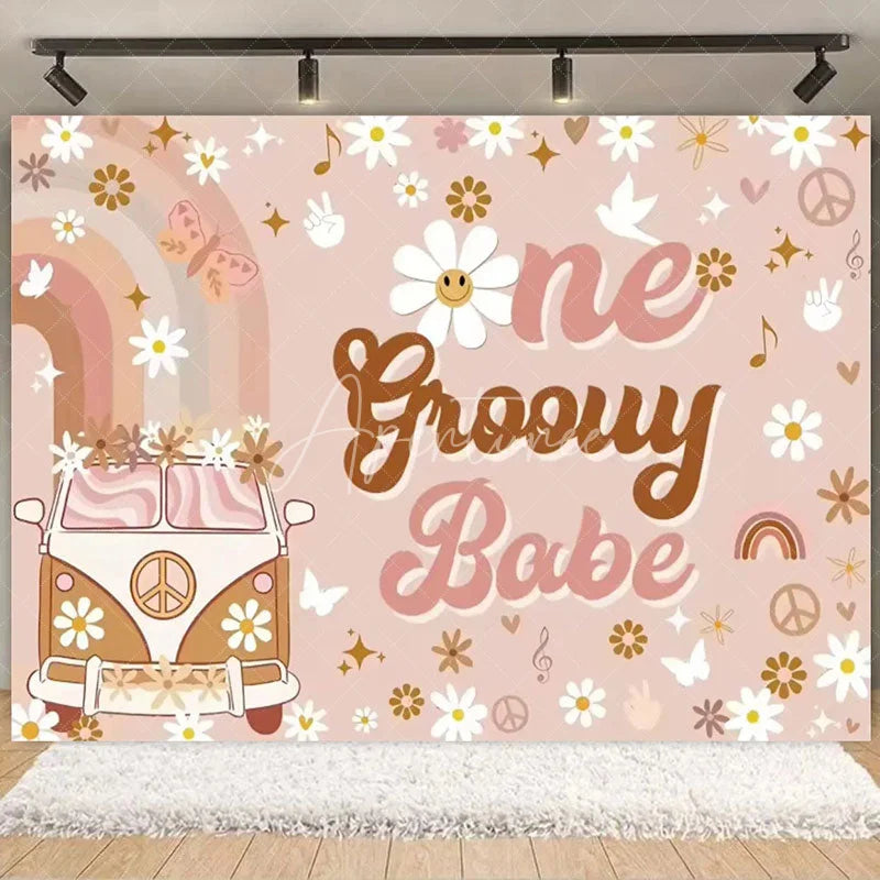 Aperturee - Aperturee Boho Rainbow Groovy One Birthday Backdrop Daisy Floral and Bus Perfect Party Scene Decor for Girls