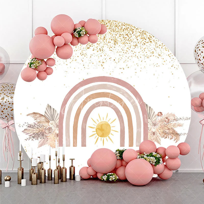 Aperturee - Aperturee Boho Rainbow Round Backdrop for Baby Shower Pampas Grass and Sun Neutral Birthday Party Photo Booth Decor