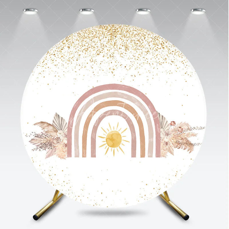 Aperturee - Aperturee Boho Rainbow Round Backdrop for Baby Shower Pampas Grass and Sun Neutral Birthday Party Photo Booth Decor