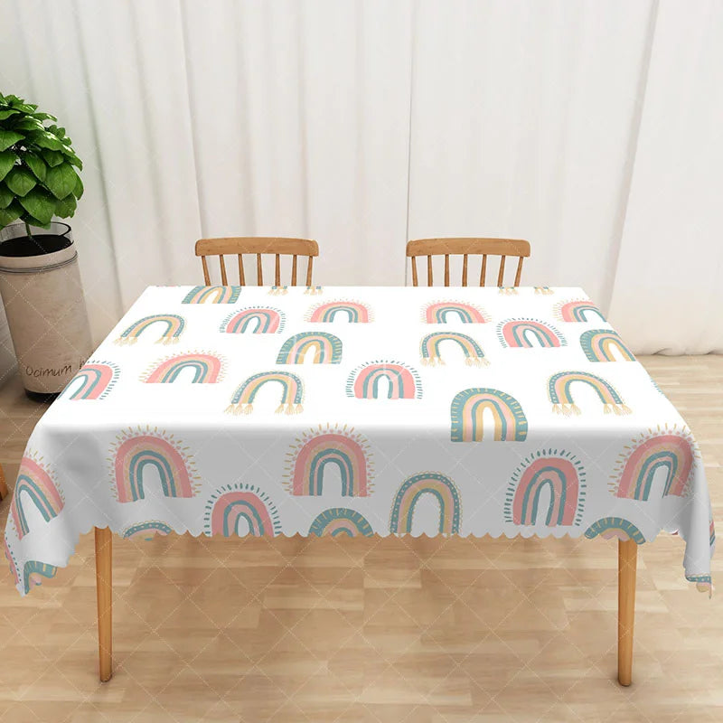 Aperturee - Aperturee Boho Rainbow Summer Rectangle Tablecloth Cheerful Abstract Pattern for Girls Birthday Party Decor