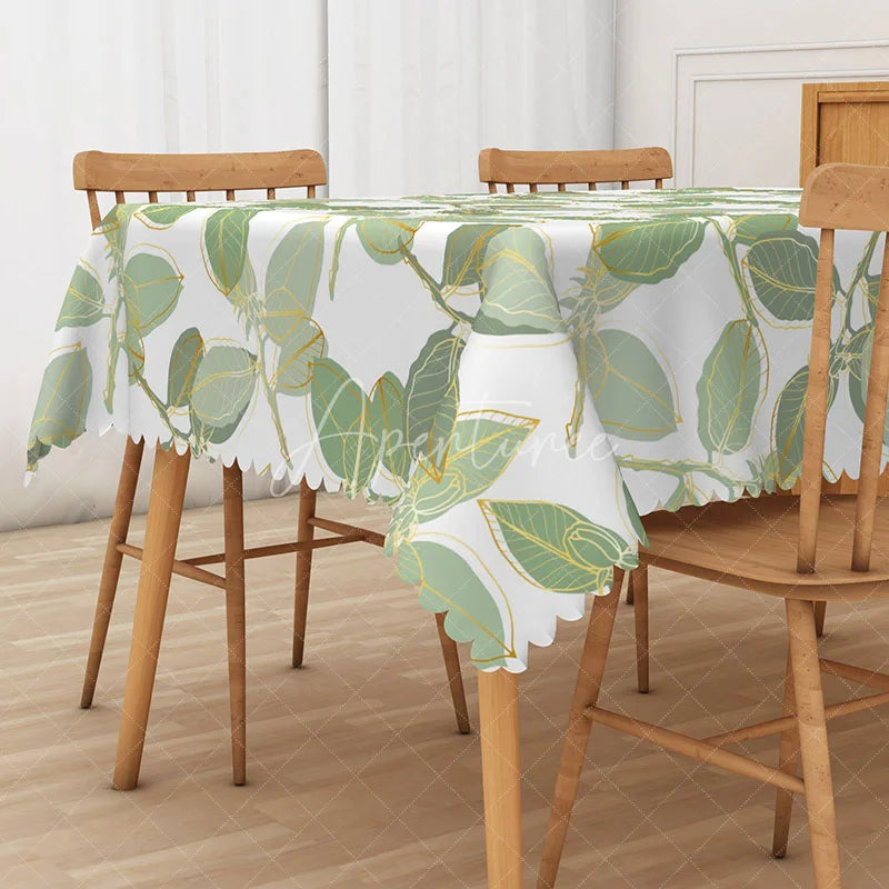 Aperturee - Aperturee Boho Spring Tablecloth with Green and Gold Leaves Elegant Botanical Decor for Wedding or Party