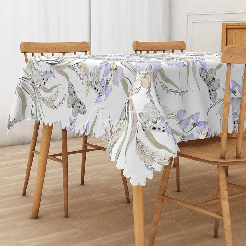 Aperturee - Aperturee Boho Tablecloth with Purple Flowers and Butterflies for Whimsical Garden Party and Spring Decor