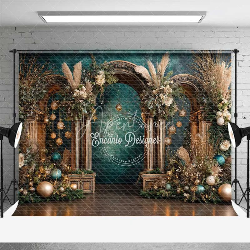 Aperturee - Aperturee Boho Teal and Gold Christmas Backdrop Rustic Wood Arch Pampas Grass Photography Background