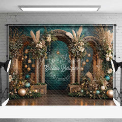 Aperturee - Aperturee Boho Teal and Gold Christmas Backdrop Rustic Wood Arch Pampas Grass Photography Background
