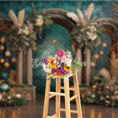 Aperturee - Aperturee Boho Teal and Gold Christmas Backdrop Rustic Wood Arch Pampas Grass Photography Background