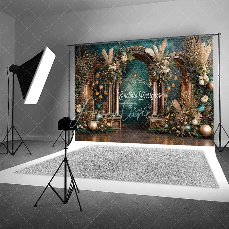 Aperturee - Aperturee Boho Teal and Gold Christmas Backdrop Rustic Wood Arch Pampas Grass Photography Background