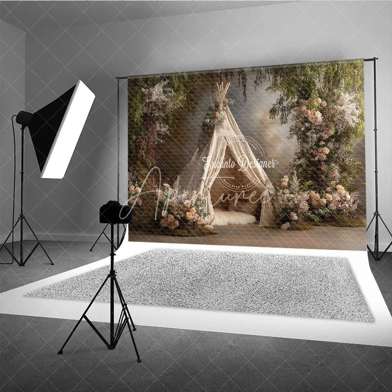 Aperturee - Aperturee Boho Teepee Photography Backdrop Enchanted Forest with Pink Roses Elegant Maternity or Wedding Photo Background