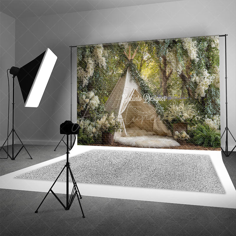 Aperturee - Aperturee Boho Teepee Photography Backdrop in an Enchanted Forest White Floral Greenery Outdoor Wedding Photo Background