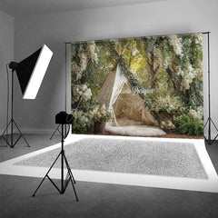 Aperturee - Aperturee Boho Teepee Photography Backdrop in an Enchanted Forest White Floral Greenery Outdoor Wedding Photo Background