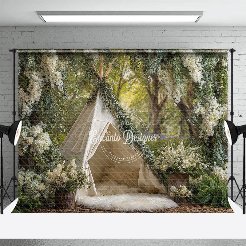 Aperturee - Aperturee Boho Teepee Photography Backdrop in an Enchanted Forest White Floral Greenery Outdoor Wedding Photo Background