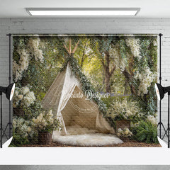 Aperturee - Aperturee Boho Teepee Photography Backdrop in an Enchanted Forest White Floral Greenery Outdoor Wedding Photo Background