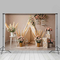Aperturee Aperturee Boho Teepee Wedding Photography Backdrop Pampas Grass and Pink Roses Indoor Bridal Shower or Engagement Photo Prop