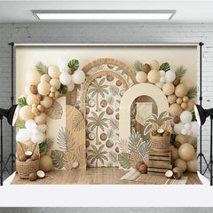 Aperturee - Aperturee Boho Tropical Palm Tree and Coconut Photography Backdrop Arched Design with Neutral Balloons for Party